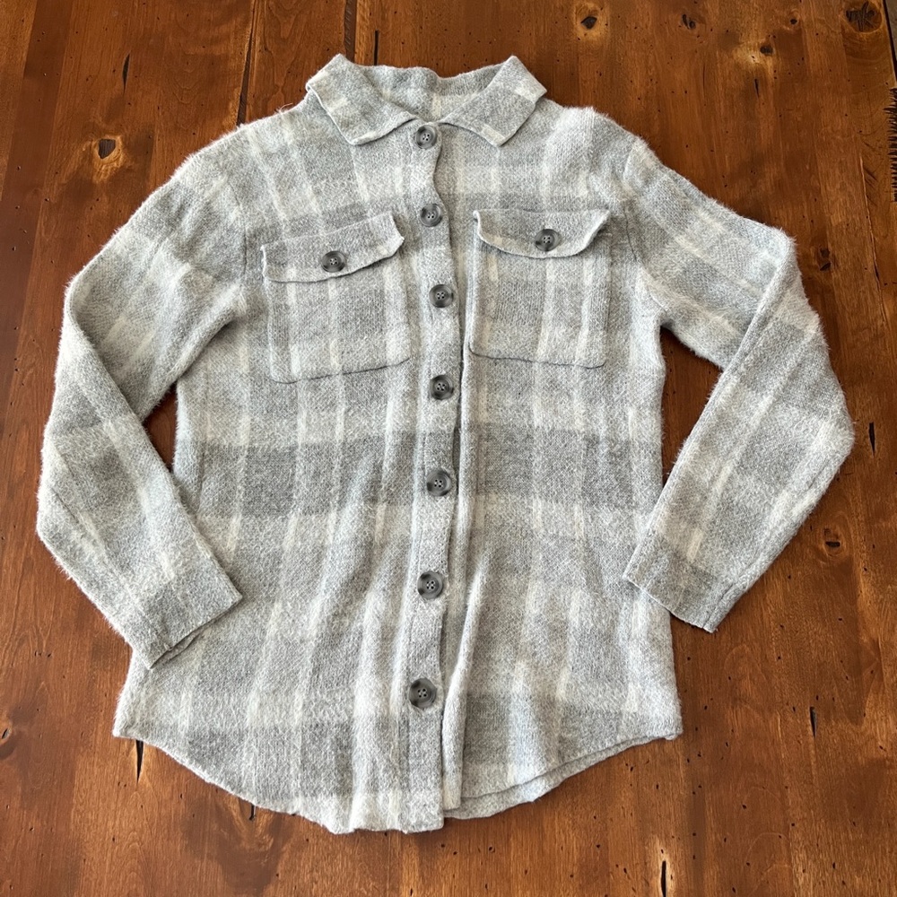 William Rast Gray and White Plaid Fuzzy Button Down Shacket